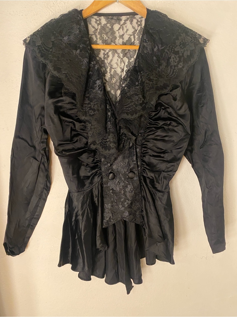 Black Lace-Trim Satin Blouse. Vintage